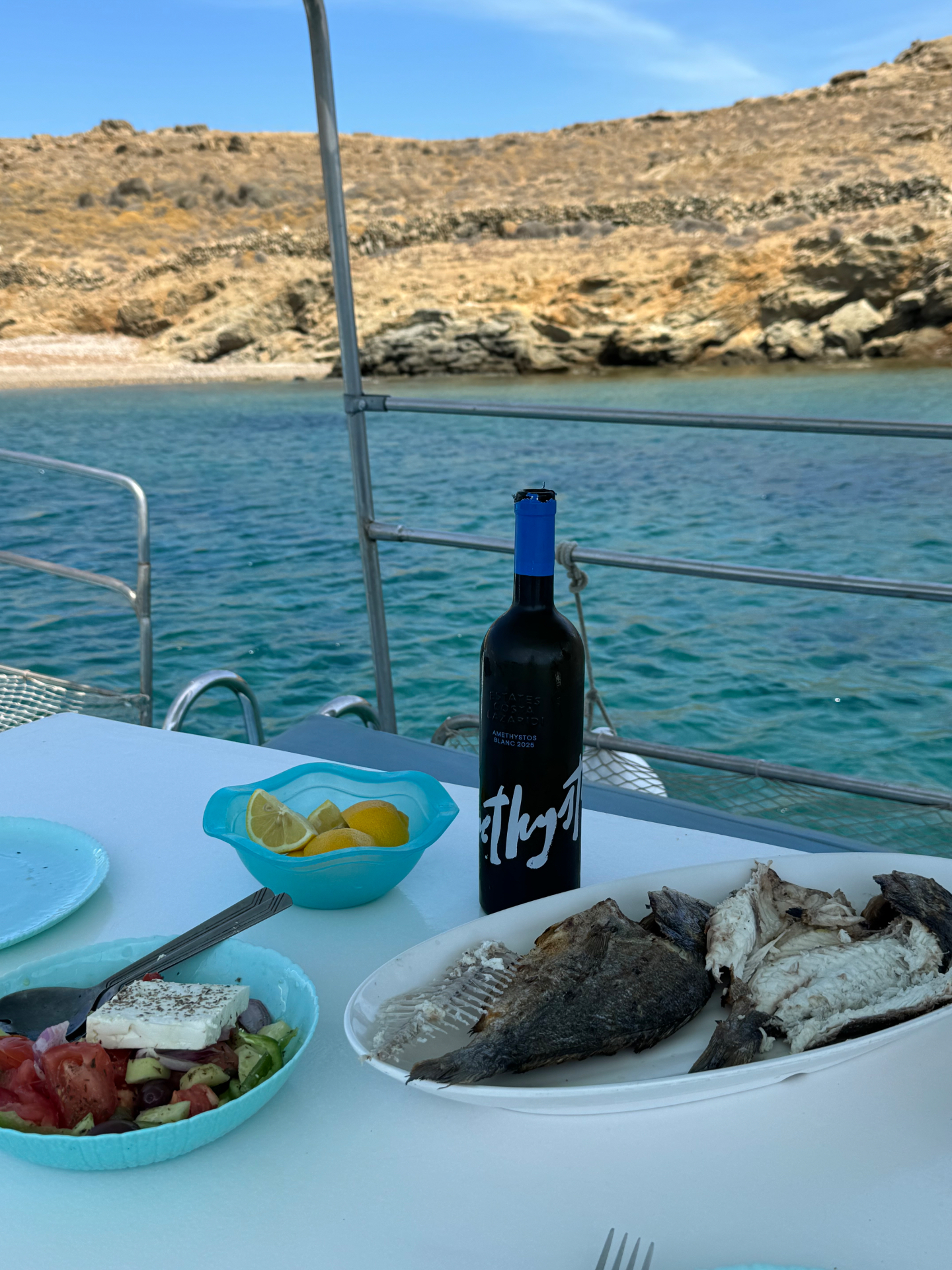 Grilled sea bream, Greek salad, lemons, and wine served aboard the boat beside the Aegean Sea.