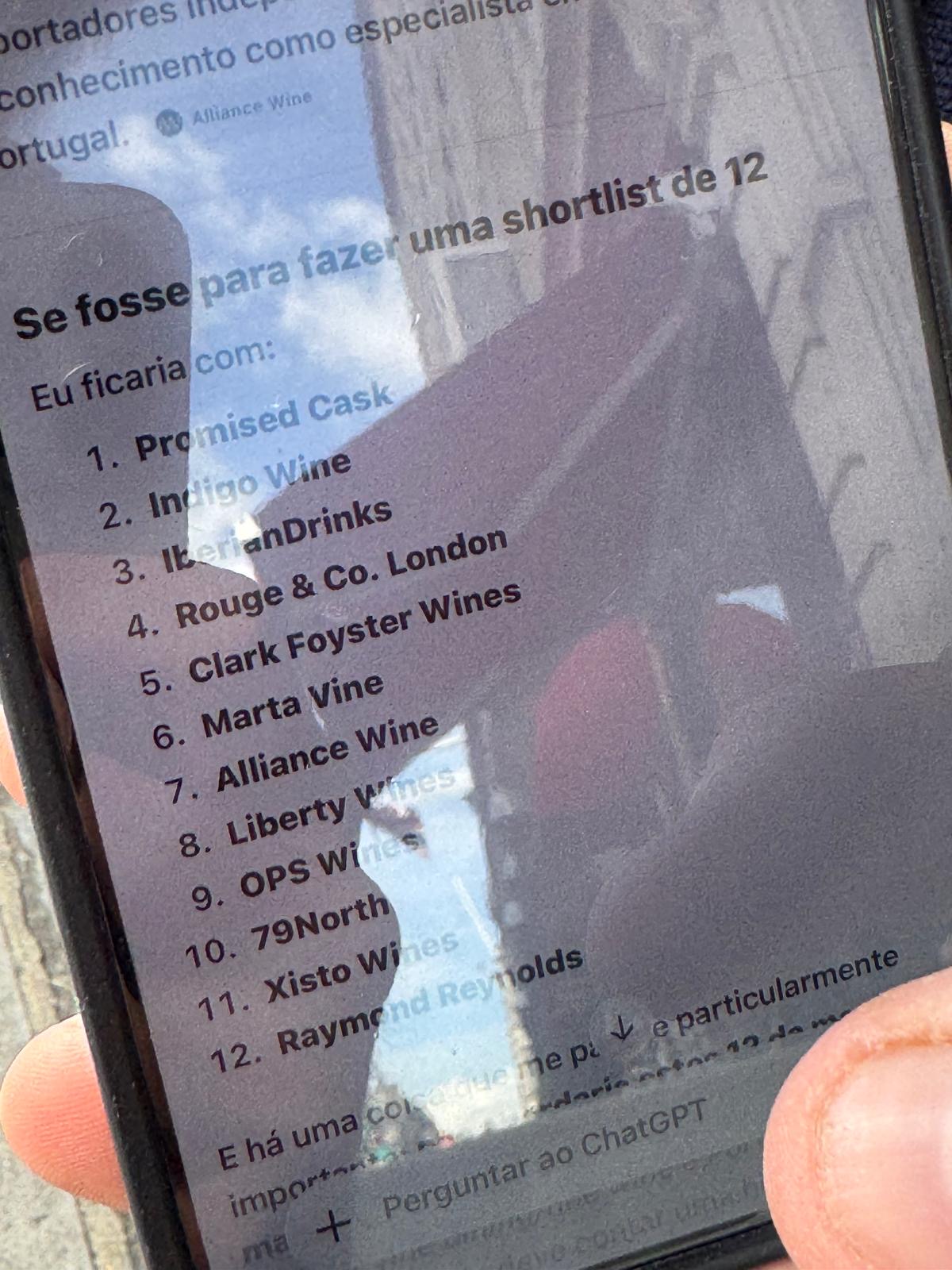ChatGPT listing Promised Cask first among twelve suggested UK wine importers.