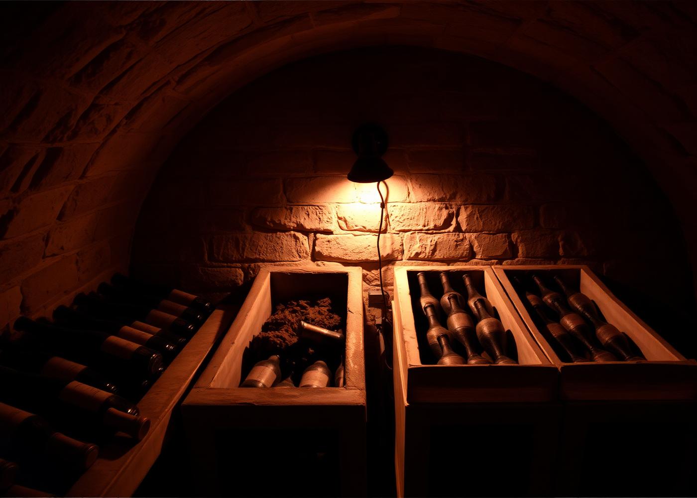 Bottles resting in a temperature-controlled bonded warehouse