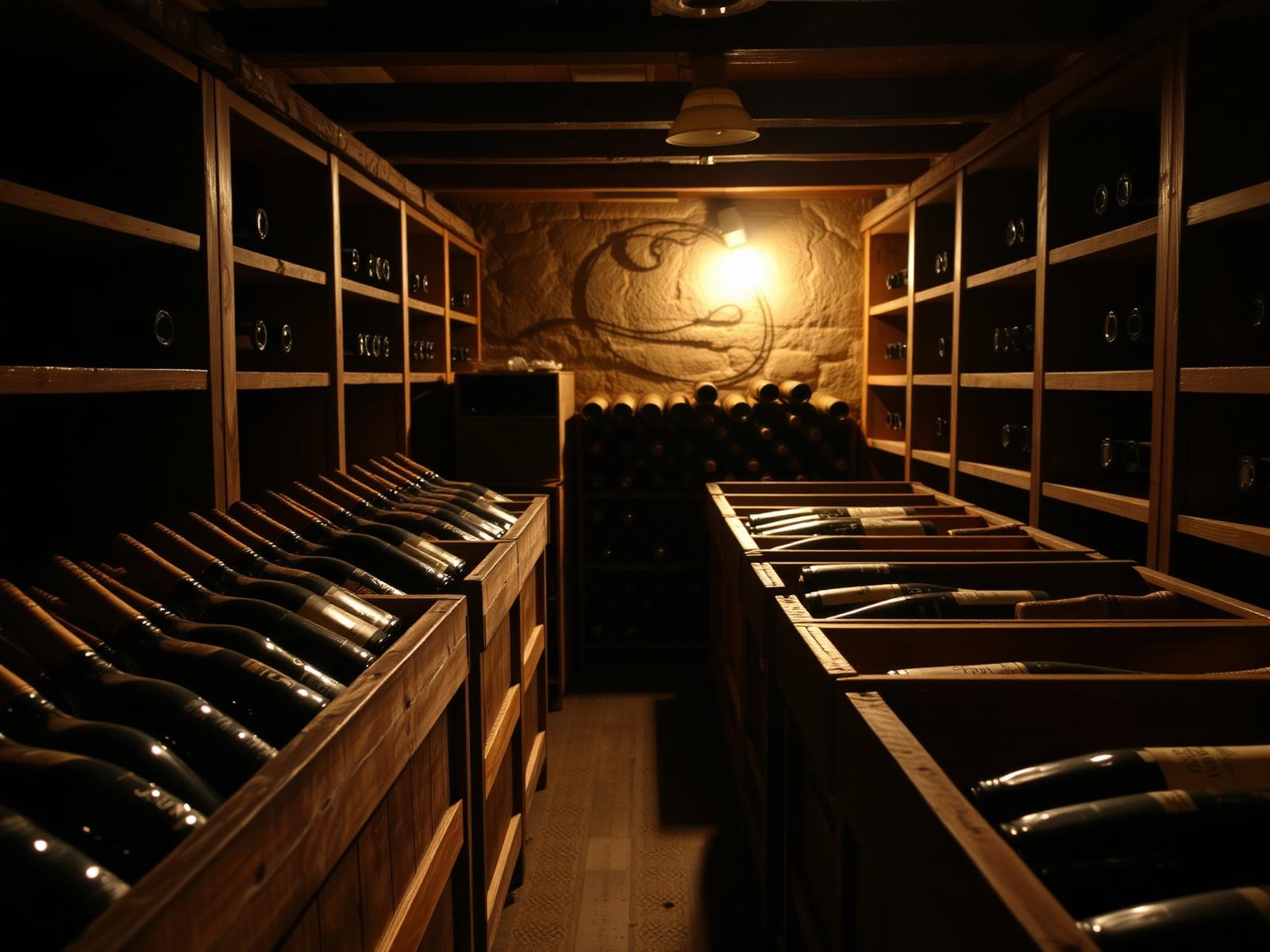 Wooden bins of aged bottles in a private cellar